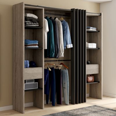 Dressing extensible double MERYL 120/180 x 50 x 180 cm hêtre avec étagères hêtre + double penderie + rideau noir