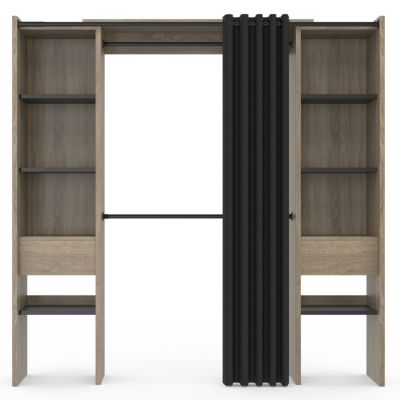 Dressing extensible double MERYL 120/180 x 50 x 180 cm hêtre avec étagères hêtre + double penderie + rideau noir