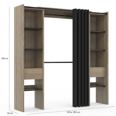 Dressing extensible double MERYL 120/180 x 50 x 180 cm hêtre avec étagères hêtre + double penderie + rideau noir