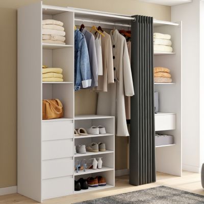 Dressing extensible double XXL MERYL 120/180 cm blanc avec tiroirs + étagères + penderie + rideau gris