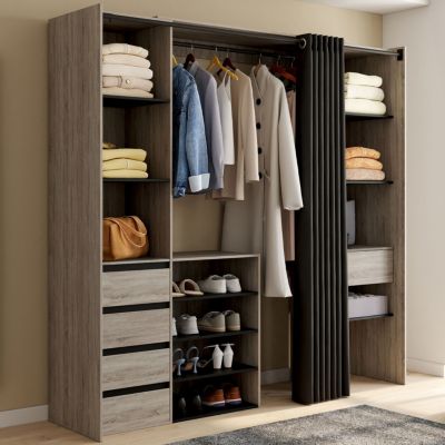 Dressing extensible double XXL MERYL 120/180 cm hêtre avec tiroirs + étagères + penderie + rideau noir