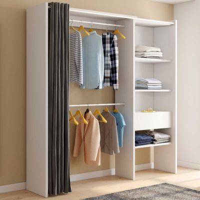 Dressing extensible MARTY 120/170 x 50 x 180 cm blanc avec étagères + double penderie + rideau gris