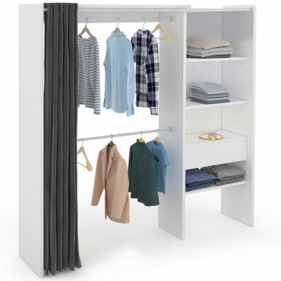 Dressing extensible MARTY 120/170 x 50 x 180 cm blanc avec étagères + double penderie + rideau gris