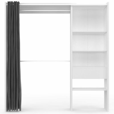 Dressing extensible MARTY 120/170 x 50 x 180 cm blanc avec étagères + double penderie + rideau gris