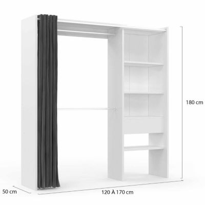 Dressing extensible MARTY 120/170 x 50 x 180 cm blanc avec étagères + double penderie + rideau gris