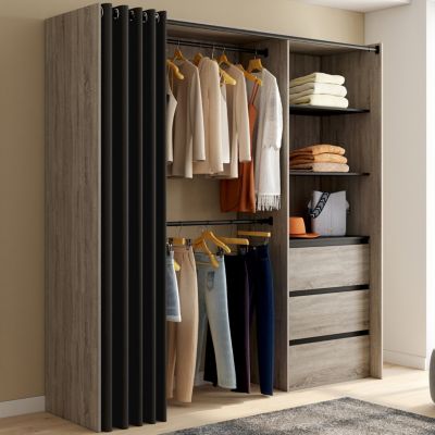Dressing extensible MARTY 120/170 x 50 x 180 cm hêtre avec 3 tiroirs + étagères + double penderie + rideau noir