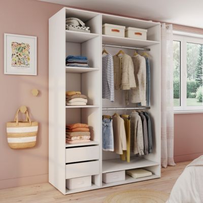 Dressing ouvert blanc double penderie avec 2 tiroirs et 6 tablettes, H.225 x L.150 x P.58 cm, GoodHome Atomia