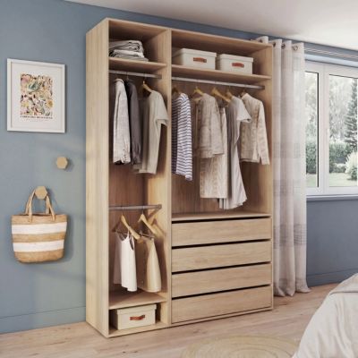 Dressing ouvert effet chêne 3 penderies avec 4 tiroirs et 4 tablettes, H.225 x L.150 x P.45 cm, GoodHome Atomia