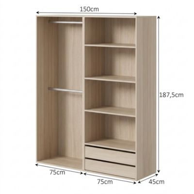 Dressing ouvert effet chêne double penderie avec 2 tiroirs et 4 tablettes, H.187 x L.150 x P.45 cm, GoodHome Atomia