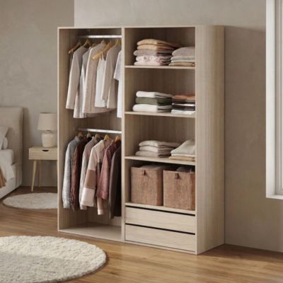 Dressing ouvert effet chêne double penderie avec 2 tiroirs et 4 tablettes, H.187 x L.150 x P.45 cm, GoodHome Atomia
