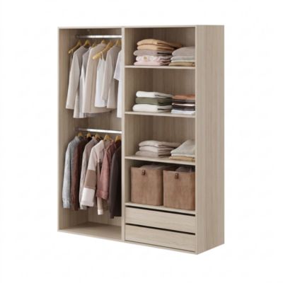Dressing ouvert effet chêne double penderie avec 2 tiroirs et 4 tablettes, H.187 x L.150 x P.45 cm, GoodHome Atomia