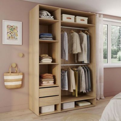 Dressing ouvert effet chêne double penderie avec 2 tiroirs et 6 tablettes, H.225 x L.150 x P.58 cm, GoodHome Atomia