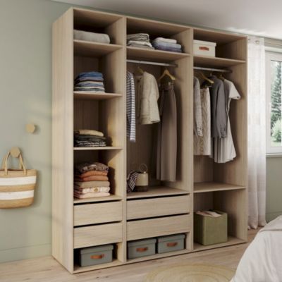 Dressing ouvert effet chêne double penderie avec 4 tiroirs et 8 tablettes, H.225 x L.200 x P.58 cm, GoodHome Atomia