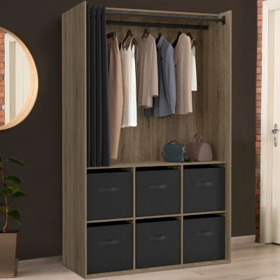 Dressing penderie DIANE 104 x 50 x 172 cm hêtre avec 6 boites de rangement + rideau noir