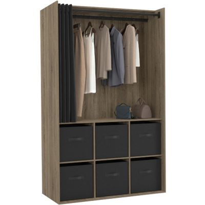 Dressing penderie DIANE 104 x 50 x 172 cm hêtre avec 6 boites de rangement + rideau noir
