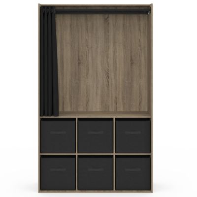 Dressing penderie DIANE 104 x 50 x 172 cm hêtre avec 6 boites de rangement + rideau noir