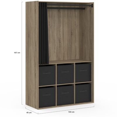 Dressing penderie DIANE 104 x 50 x 172 cm hêtre avec 6 boites de rangement + rideau noir