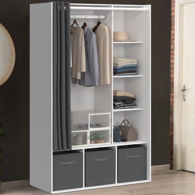 Dressing penderie DIANE 105 x 45 x 167 cm blanc avec étagères + boites de rangement + rideau gris