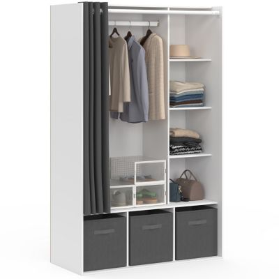 Dressing penderie DIANE 105 x 45 x 167 cm blanc avec étagères + boites de rangement + rideau gris