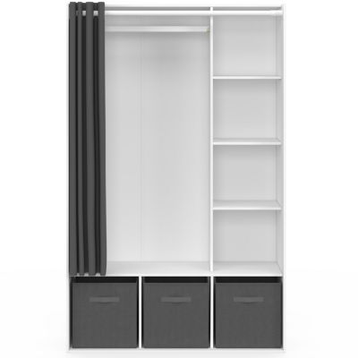 Dressing penderie DIANE 105 x 45 x 167 cm blanc avec étagères + boites de rangement + rideau gris