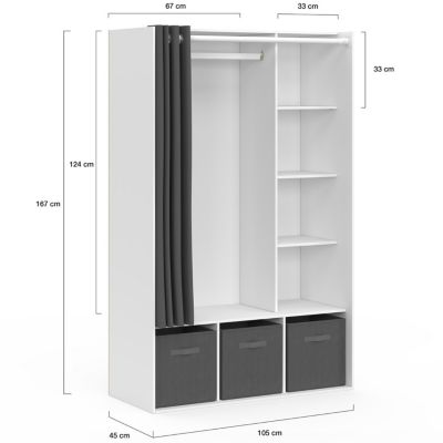 Dressing penderie DIANE 105 x 45 x 167 cm blanc avec étagères + boites de rangement + rideau gris