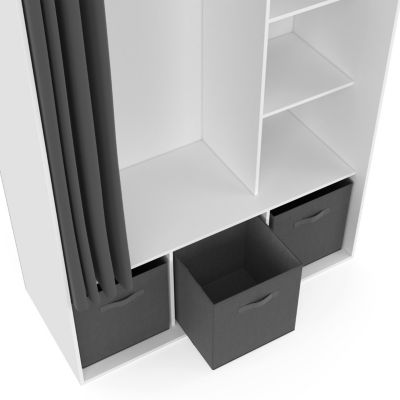 Dressing penderie DIANE 105 x 45 x 167 cm blanc avec étagères + boites de rangement + rideau gris
