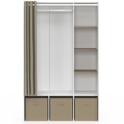 Dressing penderie DIANE 105 x 45 x 167 cm blanc avec étagères + boites de rangement + rideau taupe
