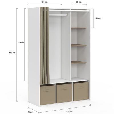 Dressing penderie DIANE 105 x 45 x 167 cm blanc avec étagères + boites de rangement + rideau taupe
