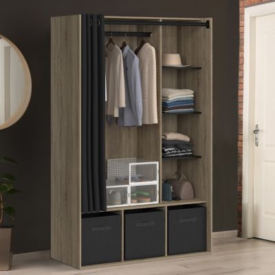 Dressing penderie DIANE 105 x 45 x 167 cm hêtre avec étagères + boites de rangement + rideau noir