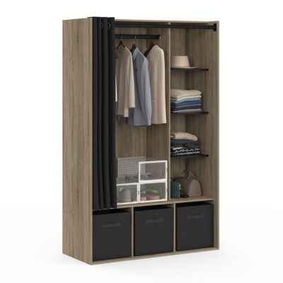 Dressing penderie DIANE 105 x 45 x 167 cm hêtre avec étagères + boites de rangement + rideau noir