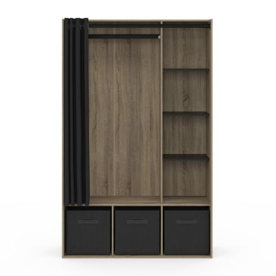 Dressing penderie DIANE 105 x 45 x 167 cm hêtre avec étagères + boites de rangement + rideau noir
