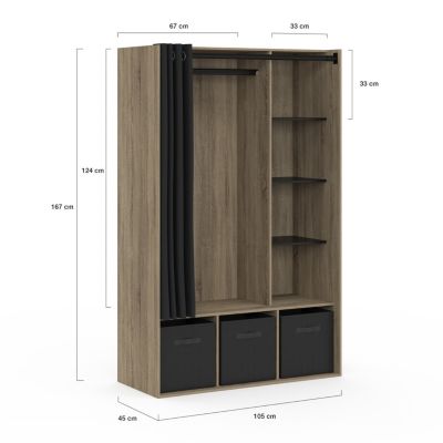 Dressing penderie DIANE 105 x 45 x 167 cm hêtre avec étagères + boites de rangement + rideau noir