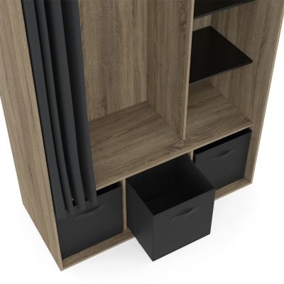 Dressing penderie DIANE 105 x 45 x 167 cm hêtre avec étagères + boites de rangement + rideau noir