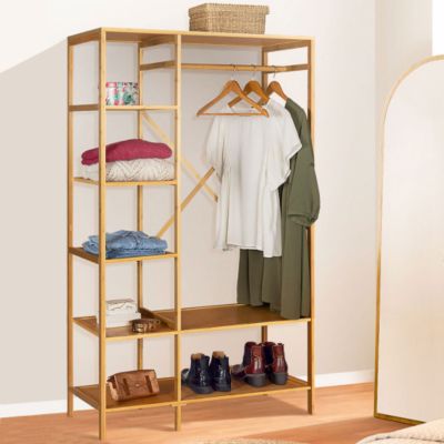 Etagère murale avec barre de penderie en bambou naturel