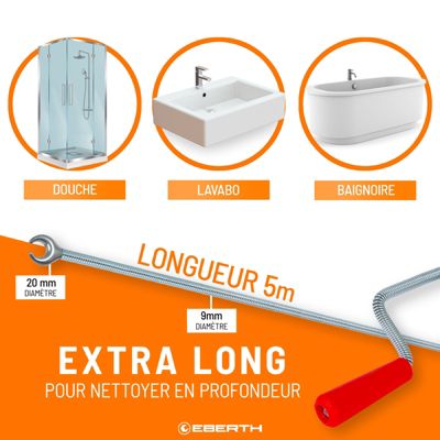 EBERTH Spirale de nettoyage de tuyaux 5m de long et 9mm de diamètre pour tuyaux à partir de 40mm tête en forme de griffe de 20mm