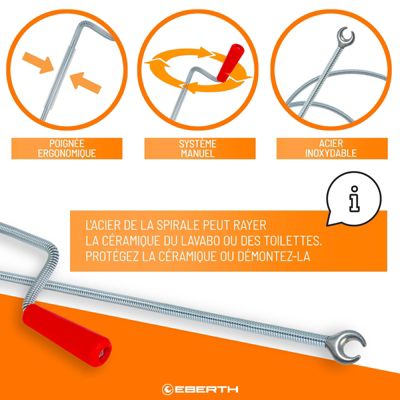 EBERTH Spirale de nettoyage de tuyaux 5m de long et 9mm de diamètre pour tuyaux à partir de 40mm tête en forme de griffe de 20mm