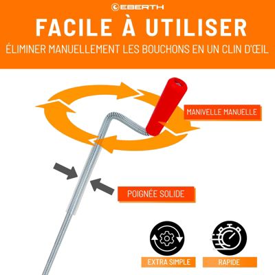 EBERTH Spirale de nettoyage de tuyaux 5m de long et 9mm de diamètre pour tuyaux à partir de 40mm tête en forme de griffe de 20mm