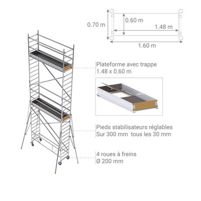Echafaudage roulant alu - Hauteur de travail max 6.30m - ECS416T