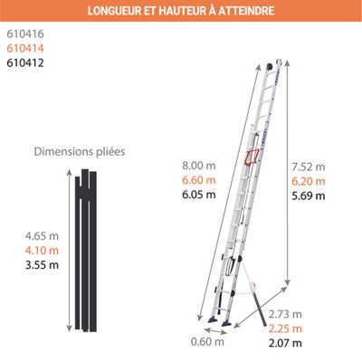 Echelle 2 plans de longueur 6.05m - Pieds stabilisateurs repliables - 2x12 barreaux - 610412