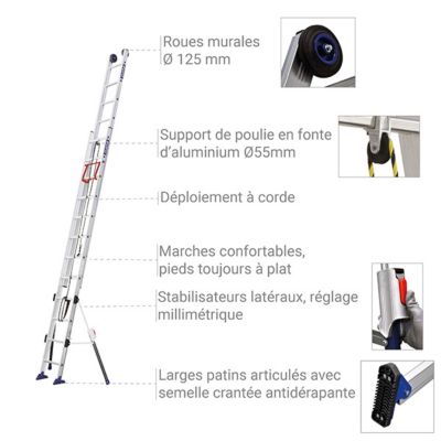 Echelle 2 plans de longueur 6.05m - Pieds stabilisateurs repliables - 2x12 barreaux - 610412