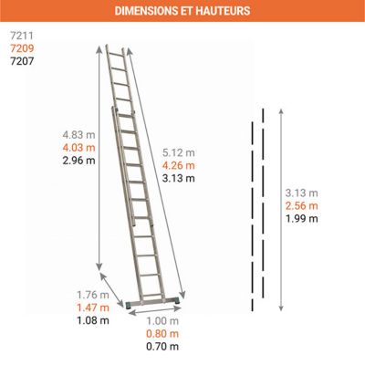 Echelle coulissante à main: longueur pliée 3.13m / longueur dépliée 5.12m - 7211