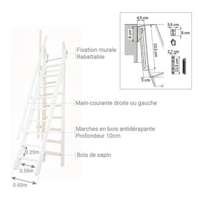 Echelle de meunier rabattable : 55cm de large - Hauteur à franchir 3m - Couleur : Blanc (RAL 9003) - MSP/WW