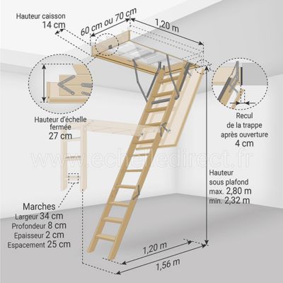 Echelle escamotable bois - Ouverture du plafond de 70 x 120cm - LWS70120-2