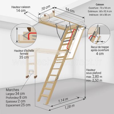 Echelle escamotable bois - Trémie de 70 x 94cm - Hauteur de 2.50 à 2.80m - LWK7094-2