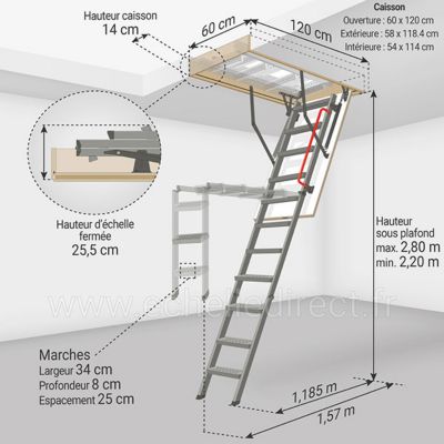 Echelle escamotable en métal - Trémie de 60 x 120cm - Hauteur de 2.20 à 2.80m - LMK60120-2