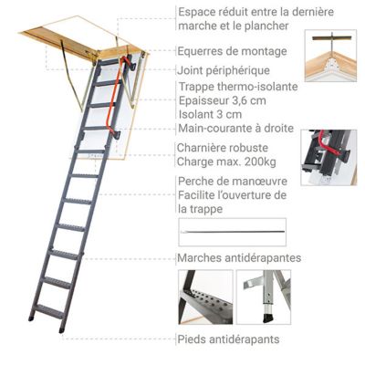 Echelle escamotable en métal - Trémie de 60 x 120cm - Hauteur de 2.20 à 2.80m - LMK60120-2