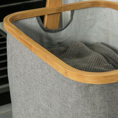 Echelle Porte-Serviette à Poser - 2-en-1 avec Panier a Linge amovible - Meuble Salle de bain en Bois Bambou - Gris | Leroy Merlin