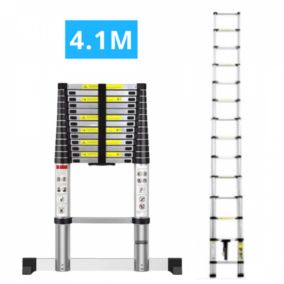 Echelle télescopique aluminium 14 marches H 4,1m avec barre stabilisatrice