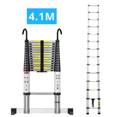 Echelle télescopique aluminium 14 marches H 4,1M avec crochets démontables et barre stabilisatrice
