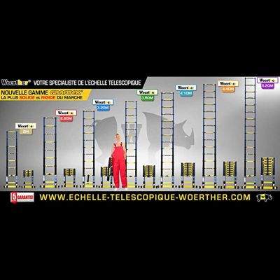 Echelle télescopique professionnelle 4m40 , Marque Woerther Num 1 en France, la plus rigide et stable du marché- Garantie 5 ANS